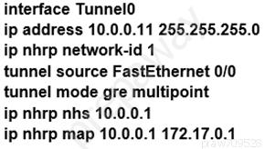 interface TunnelO

ip address 10.0.0.11 255.255.255.0
ip nhrp network-id 1

tunnel source FastEthernet 0/0
tunnel mode gre multipoint

nhrp nhs 10.0.0.1

ip nhrp map 10.0.0.1 172.17.0.1