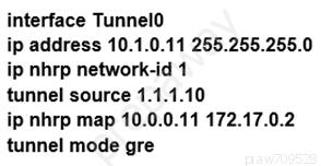 interface TunnelO

ip address 10.1.0.11 255.255.255.0
ip nhrp network-id 1

tunnel source 1.1.1.10

ip nhrp map 10.0.0.11 172.17.0.2
tunnel mode gre