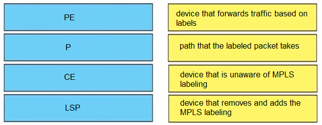 device that forwards traffic based on

Pe labels

P path that the labeled packet takes

CE device that is unaware of MPLS
labeling

ise device that removes and adds the

MPLS labeling