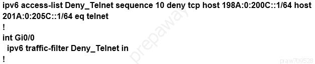 ipv6 access-list Deny_Telnet sequence 10 deny tcp host 198A:0:200C::1/64 host

201A:0:205C::1/64 eq telnet
!

int Gio/o
ipv6 traffic-filter Deny_Telnet in