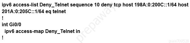 ipv6 access-list Deny_Telnet sequence 10 deny tcp host 198A:0:200C::1/64 host

201A:0:205C::1/64 eq telnet
!

int Gi0/0

ipv6 access-map Deny_Telnet in
!