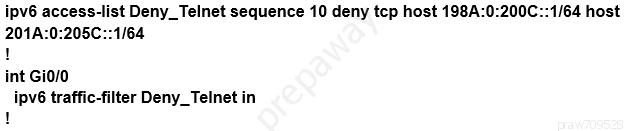 ipv6 access-list Deny_Telnet sequence 10 deny tcp host 198A:0:200C::1/64 host

201A:0:205C::1/64
!

int Gio/o
ipv6 traffic-filter Deny_Telnet in