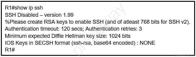 R1#show ip ssh
SSH Disabled — version 1.99
%Please create RSA keys to enable SSH (and of atleast 768 bits for SSH v2).

Authentication timeout: 120 secs; Authentication retries: 3
Minimum expected Diffie Hellman key size: 1024 bits

1OS Keys in SECSH format (ssh-rsa, base64 encoded) : NONE
R1i#