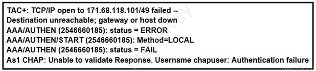 TAC+: TCP/IP open to 171.68.118.101/49 failed —-
Destination unreachable; gateway or host down
AAA/AUTHEN (2546660185): status = ERROR

AAA/AUTHENISTART (2546660185): Method=LOCAL
AAA/AUTHEN (2546660185): status = FAIL
As1 CHAP: Unable to validate Response. Username chapuser: Authentication failure