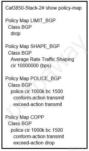 Cat3850-Stack-2# show policy-map

Policy Map LIMIT_BGP
Class BGP
drop

Policy Map SHAPE_BGP
Class BGP
Average Rate Traffic Shaping
cir 10000000 (bps)

Policy Map POLICE_BGP
Class BGP
police cir 1000k be 1500
conform-action transmit
exceed-action transmit

Policy Map COPP
Class BGP

police cir 1000k be 1500
conform-action transmit
exceed-action drop