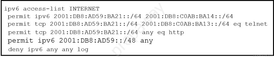 ipv6 access-list INTERNET
permit ipv6 2001:DB8:AD59:BA21::/64 2001:DB8:COAB:BA14::/64
permit tcp 2001:DB8:AD59:BA21::/64 2001:DB8:COAB:BA13::/64 eq telnet

permit tcp 2001:DB8:AD59:BA21::/64 any eq http
permit ipvé 2001:DB8:AD5 48 any
deny ipv6 any any log