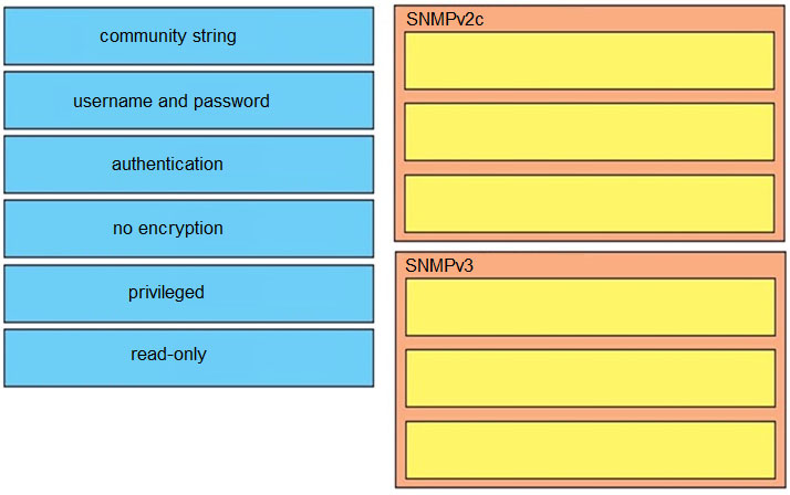 community string

username and password

authentication

no encryption

SNMPv2c

privileged

read-only

SNMPv3