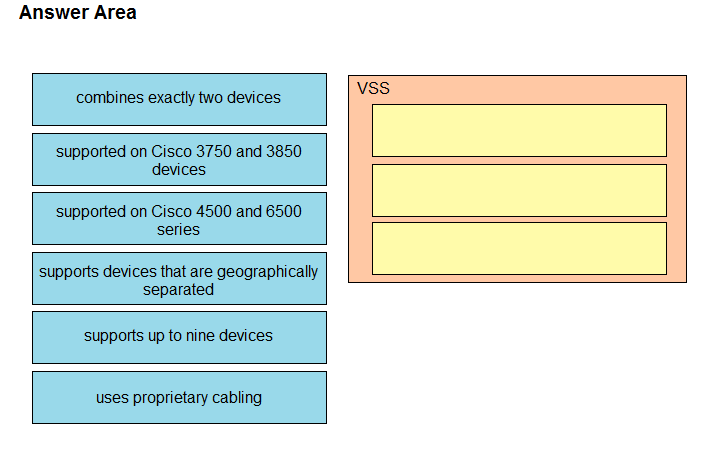 Answer Area

combines exactly two devices

supported on Cisco 3750 and 3850
devices

supported on Cisco 4500 and 6500
series

supports devices that are geographically
separated

VSS

supports up to nine devices

uses proprietary cabling