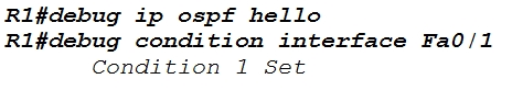 Rif#debug ip ospf hello
Rifdebug condition interface Fa0/1
Condition 1 Set