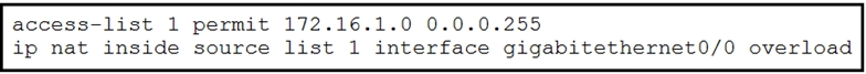 ist 1 permit 172.16.1.0 0.0.0.255

nside source list 1 interface gigabitethernet0/0 overload