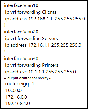 interface Vian10

ip vrf forwarding Clients

ip address 192.168.1.1. 255.255.255.0
1

interface Vian20

ip vrf forwarding Servers

ip address 172.16.1.1 255.255.255.0
\

interface Vian30

ip vrf forwarding Printers

ip address 10.1.1.1 255.255.255.0
~ output omitted for brevity —

router eigrp 1

10.0.0.0

172.16.0.0

192.168.1.0