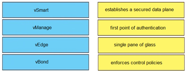 vSmart establishes a secured data plane
vManage first point of authentication
vEdge single pane of glass

vBond enforces control policies