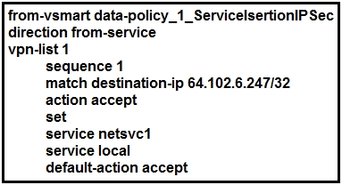 from-vsmart data-policy_1_ServicelsertionIPSec
direction from-service
vpndlist 1

sequence 1

match destination-ip 64.102.6.247/32

action accept
set

service netsvct
service local
default-action accept