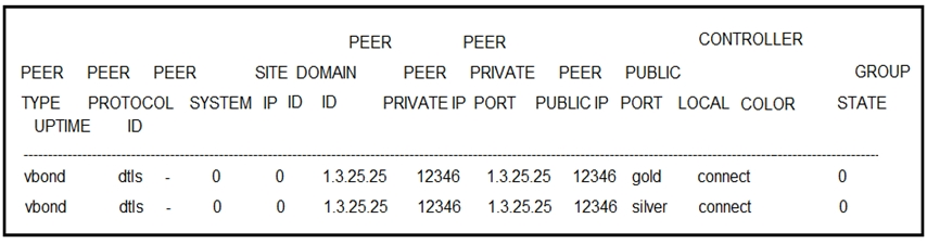 PEER PEER CONTROLLER
PEER PEER PEER ‘SITE DOMAIN PEER PRIVATE PEER PUBLIC GROUP

TYPE PROTOCOL SYSTEM IP ID ID PRIVATEIP PORT PUBLICIP PORT LOCAL COLOR STATE
UPTIME ID

132525 12346 13.25.25 12346 gold connect
132525 12346 13.25.25 12346 silver connect