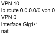 VPN 10

ip route 0.0.0.0/0 vpn 0
VPN O

interface Gig1/1

nat