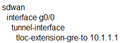 sdwan
interface g0/0
tunnel-interface
tloc-extension-gre-to 10.1.1.1