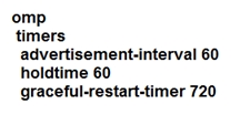 omp
timers
advertisement-interval 60
holdtime 60
graceful-restart-timer 720