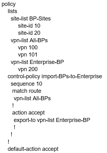 policy
lists

site-list BP-Sites
site-id 10
site-id 20
vpn-list All-BPs
vpn 100
vpn 101
vpn-list Enterprise-BP
vpn 200
control-policy import-BPs-to-Enterprise
sequence 10
match route
vpn-list All-BPs
1
action accept
export-to vpn-list Enterprise-BP
!
!
!
default-action accept