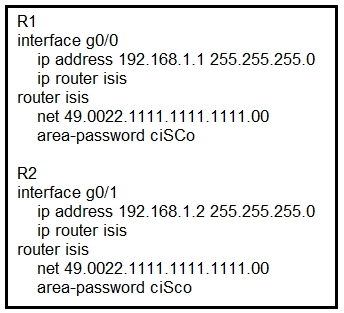 Ri
interface g0/0
ip address 192.168.1.1 255.255.255.0
ip router isis
router isis
net 49.0022.1111.1111.1111.00
area-password ciSCo

R2
interface g0/1
ip address 192.168.1.2 255.255.255.0
ip router isis
router isis
net 49.0022.1111.1111.1111.00
area-password ciSco