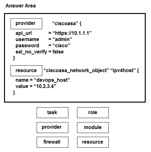 Answer Area

provider “ciscoasa” {

api_url https://10.1.1.1”
username ‘admin”
password = “cisco”
ssi_no_veri

resource |“ciscoasa_network_object” “ipv4host” {

name = “devops_host”
value = “10.2.3.4”

}

task role

provider module

firewall resource