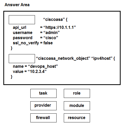 Answer Area

“ciscoasa” {

api_url https://10.1.1.1”
username ‘admin”
password = “cisco”
ssi_no_veri

“ciscoasa_network_object” “ipv4host” {

name = “devops_host”
value = “10.2.3.4”

task role

provider module

firewall resource