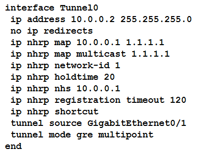 interface Tunnel0
ip address 10.0.0.2 255.255.255.0
no ip redirects

ip nhrp map 10.0.0.1 1.1.1.1

ip nhrp map multicast 1.1.1.1

ip nhrp network-id 1

ip nhrp holdtime 20

ip nhrp nhs 10.0.0.1

ip nhrp registration timeout 120
ip nhrp shortcut

tunnel source GigabitEthernet0/1
tunnel mode gre multipoint

end