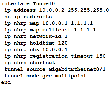 interface Tunnel0
ip address 10.0.0.2 255.255.255.0
no ip redirects

ip nhrp map 10.0.0.1 1.1.1.1

ip nhrp map multicast 1.1.1.1

ip nhrp network-id 1

ip nhrp holdtime 120

ip nhrp nhs 10.0.0.1

ip nhrp registration timeout 150
ip nhrp shortcut

tunnel source GigabitEthernet0/1
tunnel mode gre multipoint

end