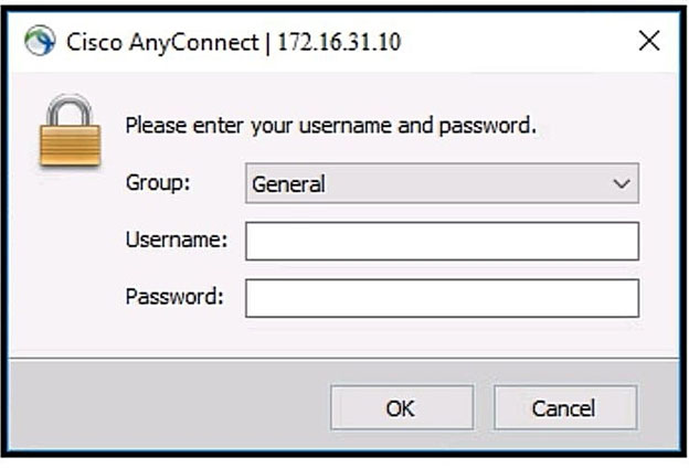 8 Cisco AnyConnect | 172.16.31.10

2 Please enter your username and password.

Group: General

Username:

Password: