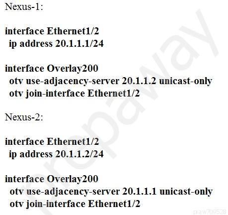 Nexus-1:

interface Ethernet1/2
ip address 20.1.1.1/24

interface Overlay200
otv use-adjacency-server 20.1.1.2 unicast-only
otv join-interface Ethernet1/2

Nexus-2:

interface Ethernet1/2
ip address 20.1.1.2/24

interface Overlay200
otv use-adjacency-server 20.1.1.1 unicast-only
otv join-interface Ethernet1/2