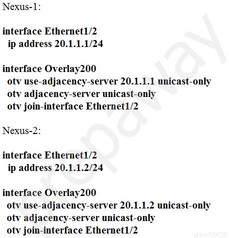 Nexus-1:

interface Ethernet1/2
ip address 20.1.1.1/24

interface Overlay200
otv use-adjacency-server 20.1.1.1 unicast-only
otv adjacency-server unicast-only
otv join-interface Etherneti/2

Nexus-2:

interface Ethernet1/2
ip address 20.1.1.2/24

interface Overlay200
otv use-adjacency-server 20.1.1.2 unicast-only
otv adjacency-server unicast-only
otv join-interface Ethernet1/2