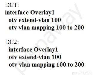 DC1:
interface Overlay1
otv extend-vlan 100
otv vlan mapping 100 to 200

DC2:
interface Overlay1
otv extend-vlan 100
otv vlan mapping 100 to 200