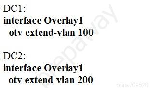 DC1:
interface Overlay1
otv extend-vlan 100

DC2:
interface Overlay1
otv extend-vlan 200