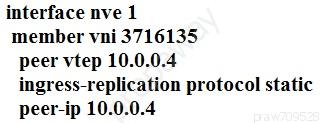 interface nve 1

member vni 3716135
peer vtep 10.0.0.4
ingress-replication protocol static
peer-ip 10.0.0.4