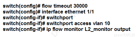 switch(config)# flow timeout 30000
switch(config)# interface ethernet 1/1
switch(config-if}# switchport

switch(config-if}# switchport access vian 10
switch(config-if}# ip flow monitor L2_monitor output