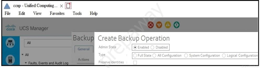 A coop - Unified Computing... x [FJ]
File Edt View Favorites Tools

Create Backup Operation

Admin State Enabled

Type

Preserve Ident