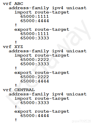 vrf ABC
address-family ipv4 unicast
import route-target
65000:1111
65000:4444
1
export route-target
65000:1111
65000: 3333
1
vrf xvZ
address-family ipv4 unicast
import route-target
65000: 2222
65000: 3333
1
export route-target
65000: 2299
65000:4444
1
vrf CENTRAL
address-family ipv4 unicast
import route-target
65000: 3333
1
export route-target
65000:4444
1