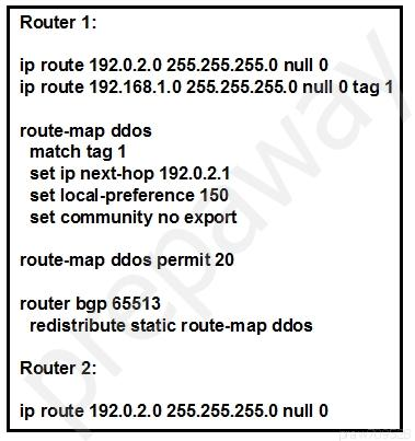 Router 1:

ip route 192.0.2.0 255.255.255.0 null 0
ip route 192.168.1.0 255.255.255.0 null 0 tag 1

route-map ddos
match tag 4
set ip next-hop 192.0.2.1
set local-preference 150
set community no export

route-map ddos permit 20

router bgp 65513
redistribute static route-map ddos

Router 2:

ip route 192.0.2.0 255.255.255.0 null 0