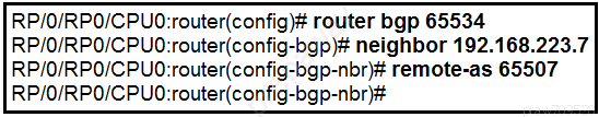 RP/O/RPO/CPUO:router(config)# router bgp 65534
RP/O/RPO/CPUO:router(config-bgp)# neighbor 192.168.223.7

RP/0/RPO/CPUO:router(config-bgp-nbr)# remote-as 65507
RP/O/RPO/CPUO:router(config-bgp-nbr)#