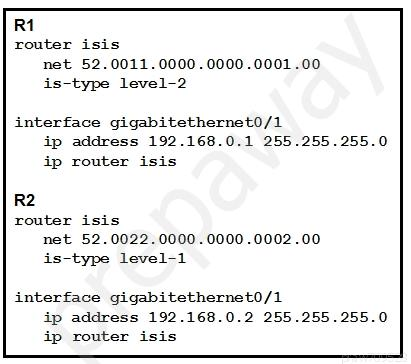 R1

router isis
net 52.0011.0000.0000.0001.00
is-type level-2

interface gigabitethernet0/1
ip address 192.168.0.1 255.255.255.0
ip router isis

R2

router isis
net 52.0022.0000.0000.0002.00
is-type level-1

interface gigabitethernet0/1
ip address 192.168.0.2 255.255.255.0
ip router isis