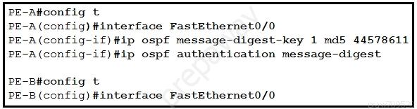 PE-A#tconfig t
PE-A (config) #interface FastEthernet0/0
PE-A(config-if)#ip ospf message-digest-key 1 md5 44578611

PE-A(config-if)#ip ospf authentication message-digest

PE-B#config t
PE-B (config) #interface FastEthernet0/0