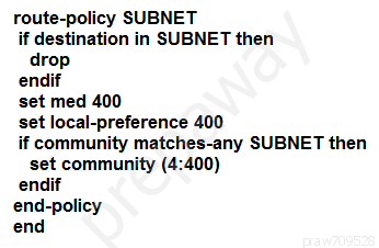 route-policy SUBNET

if destination in SUBNET then
drop

endif

set med 400

set local-preference 400

if community matches-any SUBNET then
set community (4:400)

endif

end-policy

end