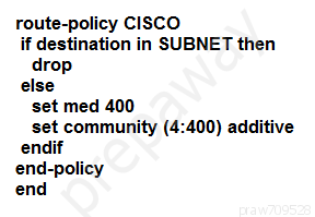 route-policy CISCO
if destination in SUBNET then
drop
else
set med 400
set community (4:400) additive
endif
end-policy
end