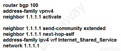 router bgp 100
address-family vpnv4
neighbor 1.1.1.1 activate

neighbor 1.1.1.1 send-community extended
neighbor 1.1.1.1 next-hop-self

address-family ipv4 vrf Internet_Shared_Service
network 1.1.1.1