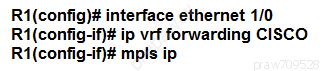 R1(config}# interface ethernet 1/0
R1(config-if}# ip vrf forwarding CISCO
R1(config-if}# mpls ip