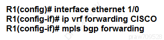 R1(config)# interface ethernet 1/0
R1(config-if}# ip vrf forwarding CISCO
R1(config-if}# mpls bap forwarding