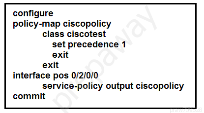 configure
policy-map ciscopolicy
class ciscotest
set precedence 1
exit

exit
interface pos 0/2/0/0

service-policy output ciscopolicy
commit