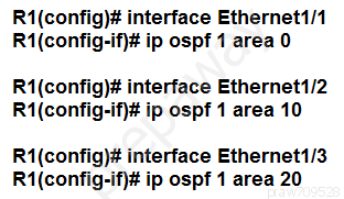 R1(config)# interface Ethernet1/1
R1(config-if)}# ip ospf 1 area 0

R1(confi:
R1(confi:

terface Ethernet1/2
‘if}# ip ospf 1 area 10

R1(config):
R1(config-if)

terface Ethernet1/3
ip ospf 1 area 20