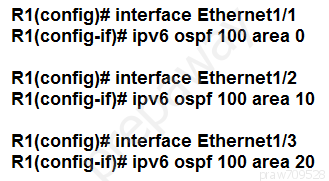 R1(config)# interface Ethernet1/1
R1(config-if}# ipv6 ospf 100 area 0

terface Ethernet1/2
if}# ipv6 ospf 100 area 10

terface Ethernet1/3
ipv6 ospf 100 area 20