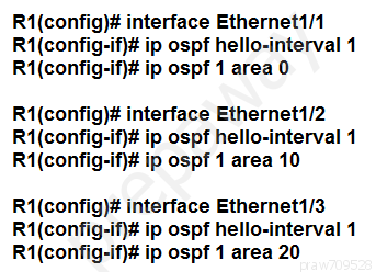 terface Ethernet1/1
ospf hello-interval 1

terface Ethernet1/2
ospf hello-interval 1
ip ospf 1 area 10

terface Ethernet1/3
ospf hello-interval 1
ip ospf 1 area 20