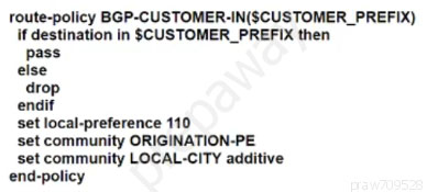 route-policy BGP-CUSTOMER-IN(SCUSTOMER_PREFIX)
if destination in $CUSTOMER_PREFIX then
pass
else
drop
endif
set local-preference 110
set community ORIGINATION-PE
set community LOCAL-CITY additive
end-policy